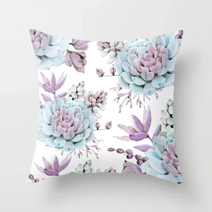 Detail of decorative polyester pillowcase featuring watercolor succulent plant prints