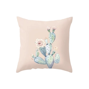 Pink decorative polyester cushion cover with watercolor cactus and floral illustration
