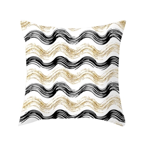 Modern white throw pillow cover with black and gold glitter wavy patterns for home sofa décor