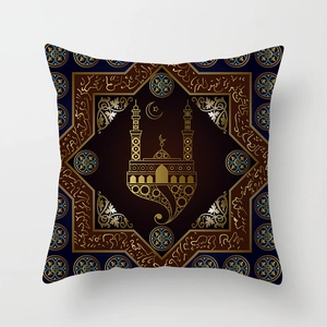 Golden moon and mosque silhouette cushion cover with Islamic art in deep blue and gold