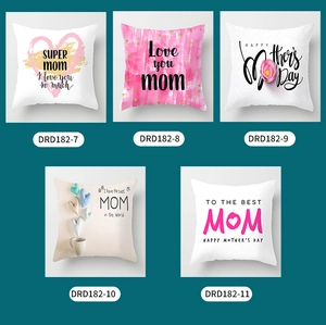 Detailed view of five Mother's Day pillow covers with floral hearts and pink slogans