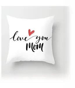 Detail of white peach skin pillowcase featuring love you MOM text and red heart