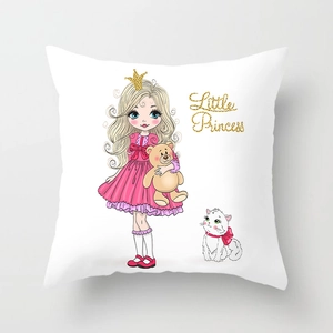 Detail of Little Princess cartoon girl with golden crown and pink dress on white pillowcase