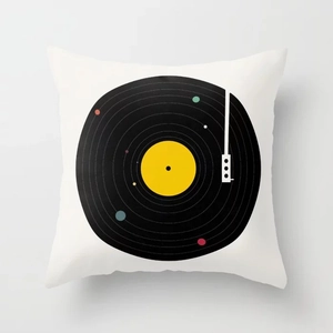 Detail of white square cushion cover with creative vinyl record and planet art print