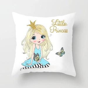 Detail of Little Princess cushion cover showing cartoon girl with gold glitter crown