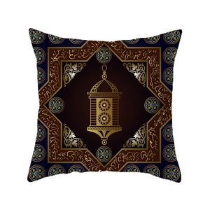 Golden moon and Arabic lantern cushion cover in navy blue peach skin fabric