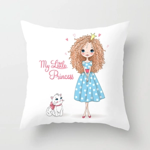 Detail showing cartoon princess and cat illustration on white peach skin pillowcase