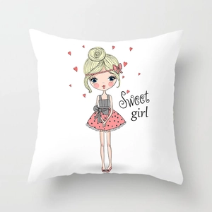 Detail of soft peach skin pillowcase featuring a cartoon girl illustration with pink dots