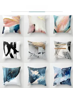 Detailed grid showing nine abstract oil painting pillow covers with modern linen texture