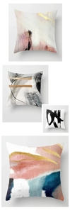 Macro shot of abstract oil painting linen pillowcases showing fabric texture and color