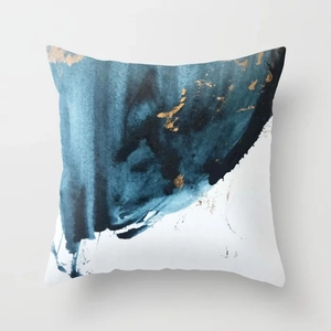 Modern abstract oil painting blue and gold art cushion cover on white linen texture