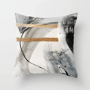 Abstract oil painting cushion cover with gold foil texture on white linen pillowcase