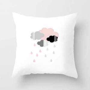 Detail of white square pillowcase with Nordic cloud and raindrop prints on canvas fabric