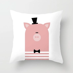 Square cushion cover featuring a cute pink cartoon pig with a hat and stripes