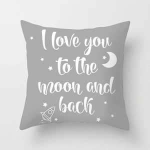 Cartoon space pattern pillow cover with I Love You to the Moon and Back text in grey color