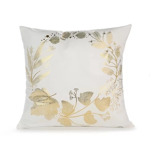 Minimalist white pillow cover with elegant golden foil geometric leaf pattern prints