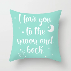 Detail view of mint green pillowcase with I love you to the moon and back text
