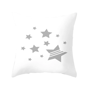 White square cushion cover featuring modern minimalist gray star patterns and striped detail