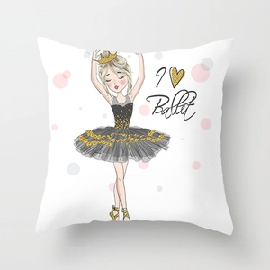 Housse de coussin carrée blanche avec motif ballerine et détails dorés pour décoration