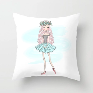 Détail d'une illustration de ballerine sur une housse de coussin carrée blanche