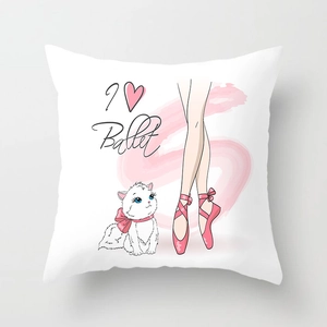 Housse de coussin blanche avec chaussons de danse roses, motif chat et texte I Heart Ballet