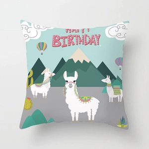 Detail of hidden zipper and cute cartoon alpaca happy birthday pattern on cushion cover