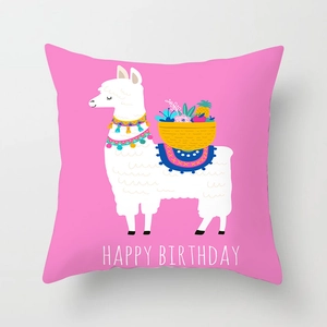 Pink cartoon alpaca pillow cover with Happy Birthday text for sofa home decoration