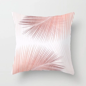 Detail shot of square pink marble palm leaf pillow cover for home sofa decor