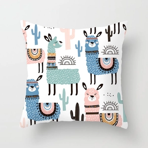 Detail of fabric texture and colorful cartoon llama print on square pillowcase
