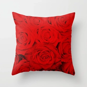 Detail of square rose flower pillow cover with soft velvet texture and vibrant red petals