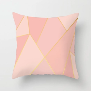 Detail of pink marble geometric throw pillow cover with golden lines in modern style