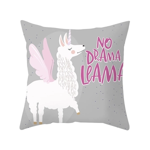 Square grey pillowcase with a white unicorn llama and NO DRAMA LLAMA text printed on it