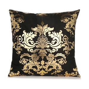 Elegant black velvet throw pillow cover with gold damask leaf pattern embroidery