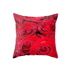 American style cushion cover featuring realistic deep red rose floral print on white background