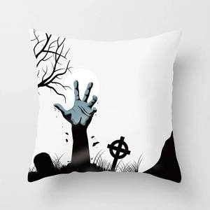 Detailed view of Halloween zombie hand and graveyard print on square peach skin pillowcase