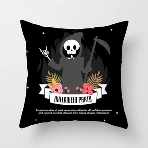 Detail of Halloween pillowcase with black skull and floral print on peach skin fabric