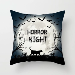 Detail of Halloween pillowcase with horror night design, black cat and bat prints