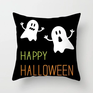 Detail of Happy Halloween ghost print on high-quality black peach skin pillowcase