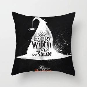 Detail of Halloween pillow case with white witch hat and Not Every Witch Lives In Salem text