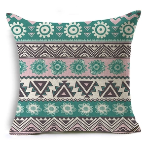 Detail of bohemian geometric pattern on square linen pillowcase with ethnic design