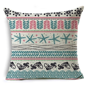 Modern geometric linen cushion cover featuring ethnic tribal sea star and fish patterns