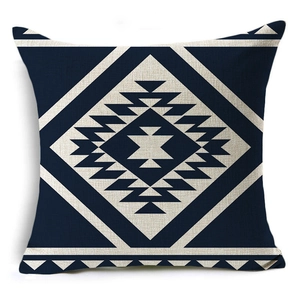 Detailed weave texture of navy blue and beige geometric linen pillowcase cover