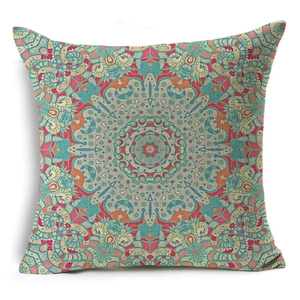 Detailed texture of geometric mandala pattern on square linen decorative pillowcase
