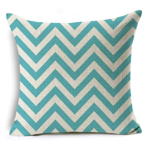 Detailed view of teal and beige chevron pattern on textured linen decorative cushion cover