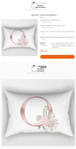 Detail of peach skin lumbar pillowcase with pink floral letter O print and size parameters