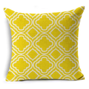 Modern geometric yellow and white linen square cushion cover with clover patterns