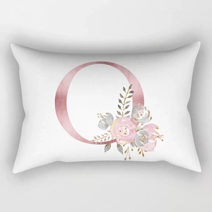 Modern white lumbar pillowcase with rose gold letter Q and floral watercolor design