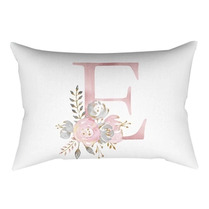 Peach skin long pillowcase featuring a floral watercolor letter E on a white backdrop