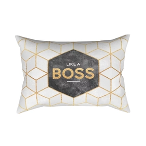 Geometrischer Kissenbezug mit goldenem LIKE A BOSS Slogan und Marmor-Sechseck