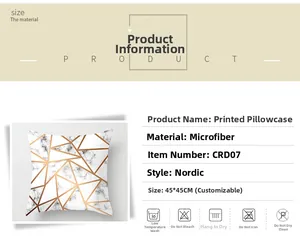Pink marble velvet pillowcase details with size 45x45cm and washing instructions